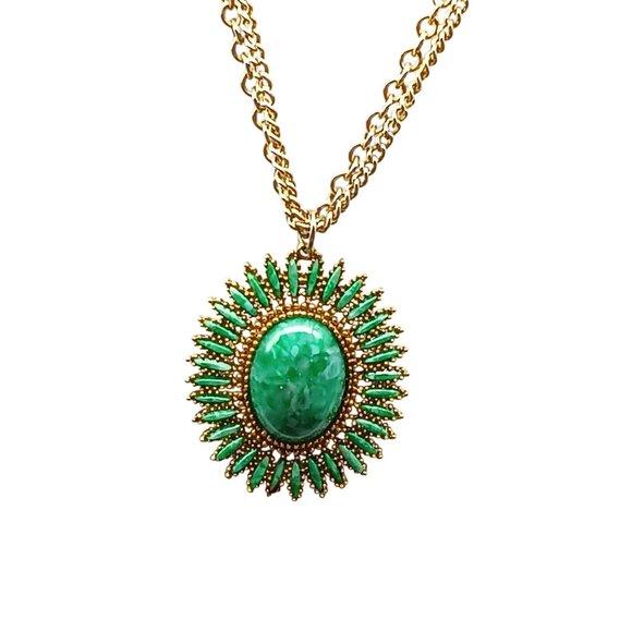 Vintage Gold-Tone Sunburst Pendant Necklace with Green Marbled Cabochon & Long - Picture 3 of 4